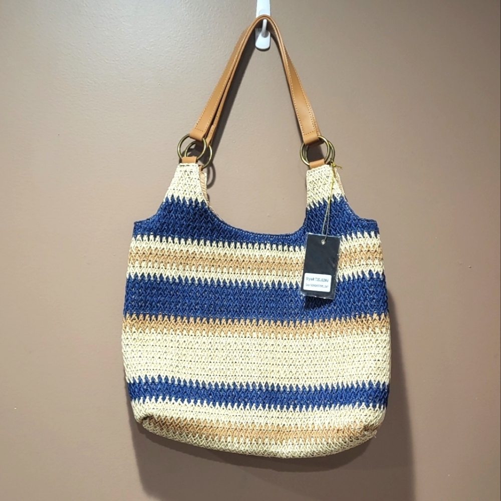 Tan and navy blue striped woven straw tote shoulder bag